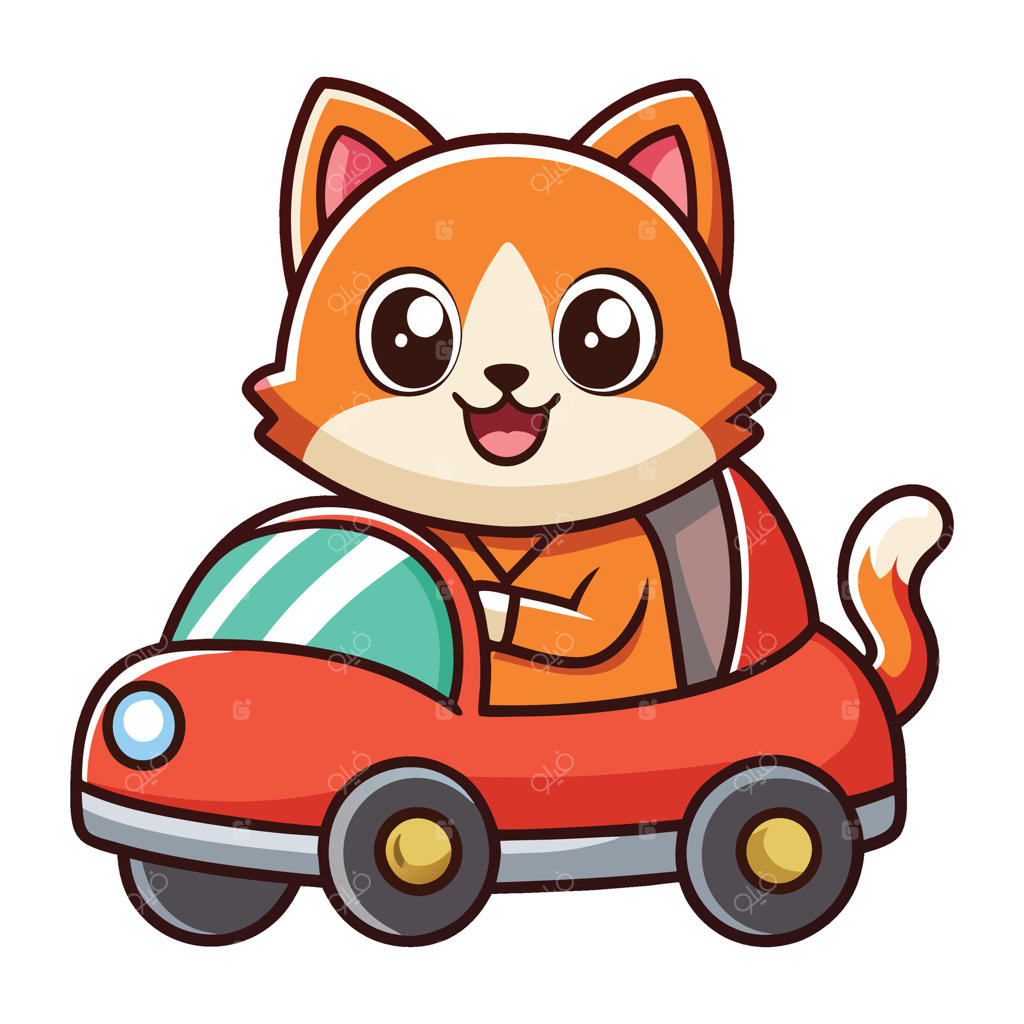 گربه کارتونی بامزه‌ای در ماشین با حالتی جالب و شاداب رانندگی می‌کند