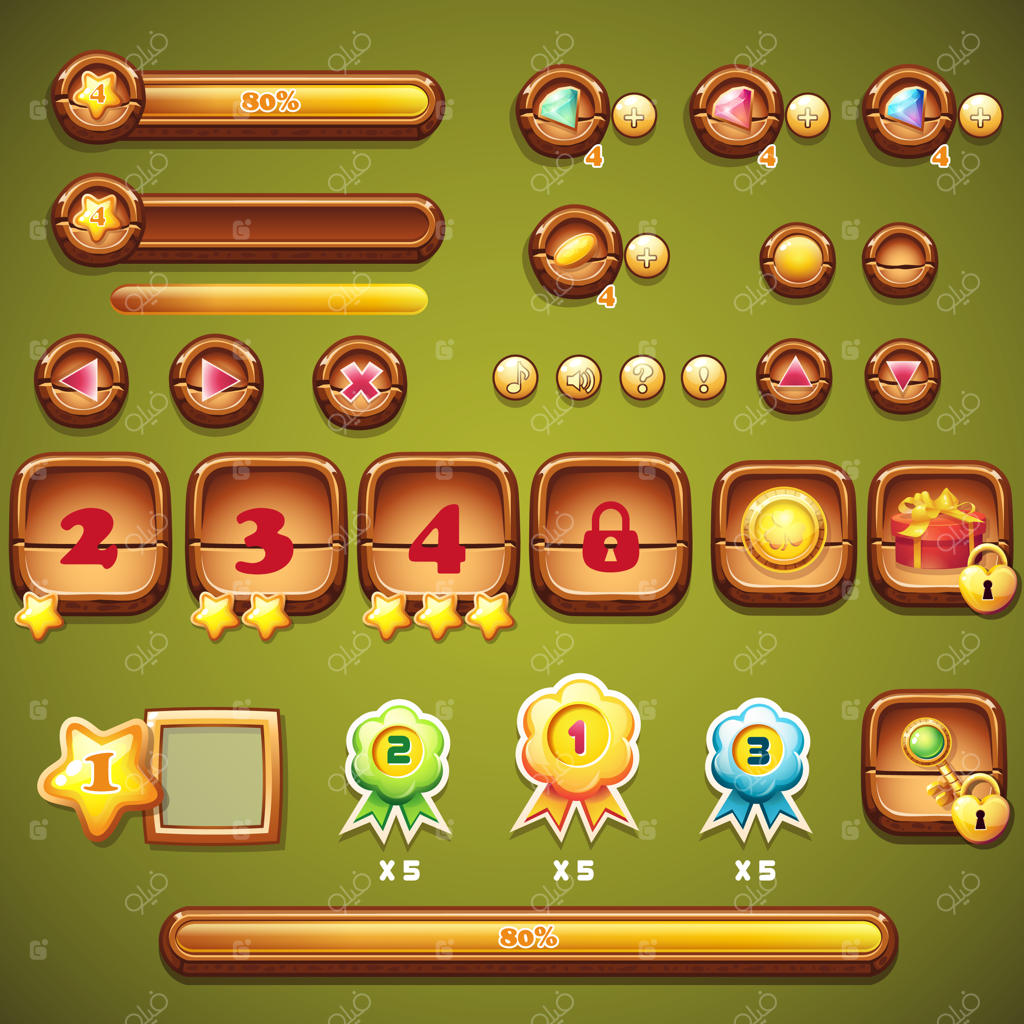 مجموعه بزرگی از بوسترها، نوارهای پیشرفت، قاب‌ها و دکمه‌ها در جنگل جادویی برای یک بازی کامپیوتری