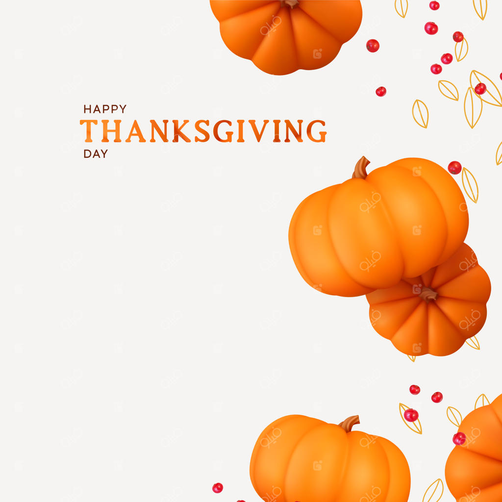 روز شکرگزاری. پس‌زمینه تعطیلات با کدو تنبل‌های واقعی سه‌بعدی در حال پرواز. کارت هدیه، پوستر جشن، بنر وب، بروشور، جلد و تراکت. تصویرسازی وکتور