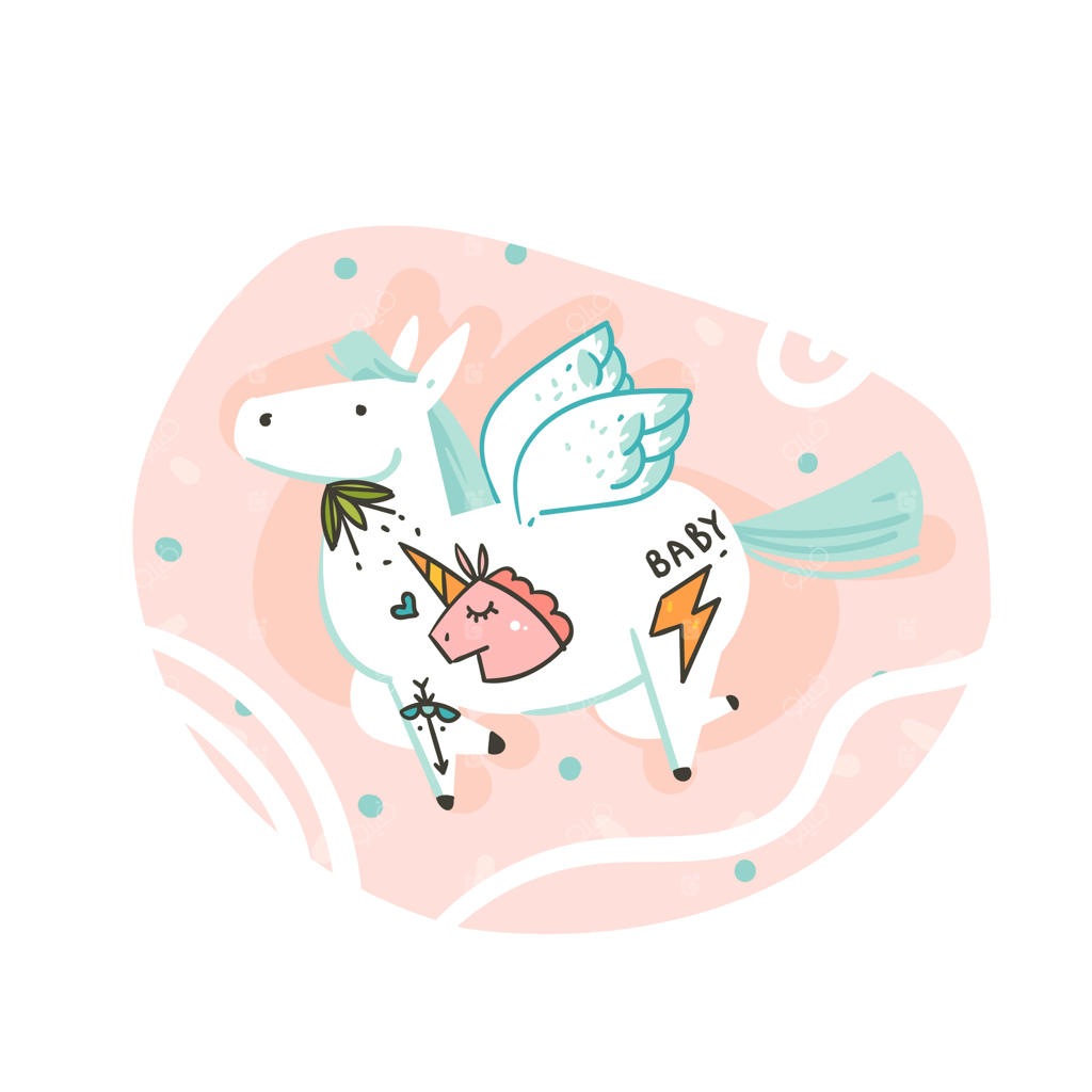 تصاویر خلاقانه کارتونی با طراحی دستی: پگاسوس بالدار تتو شده، ستاره‌های دنباله‌دار و سیارات در کیهان