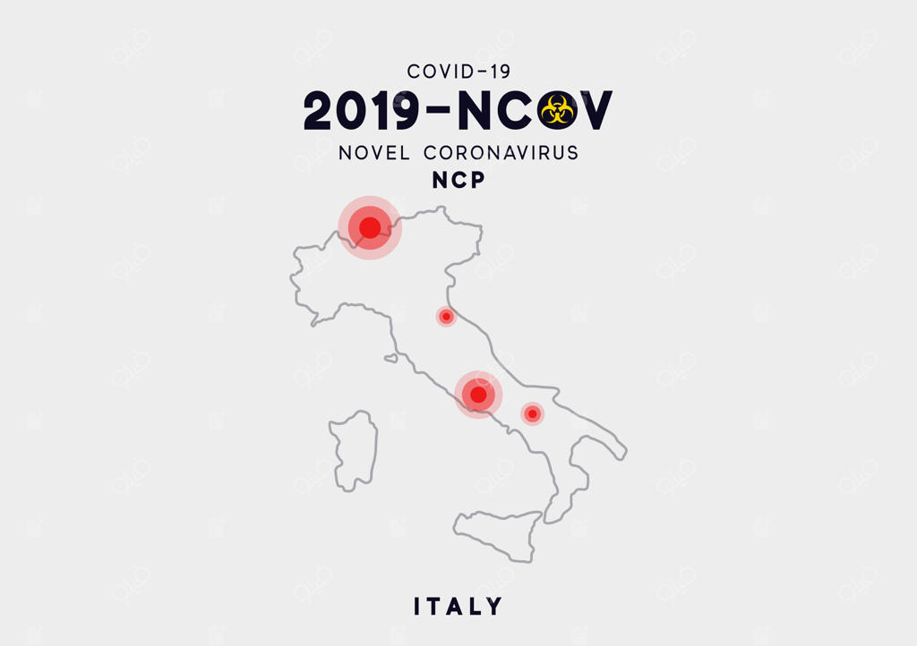 نقشه اینفوگرافیک ایتالیا: محل شیوع ویروس کووید ۱۹. ویروس نوظهور کروناویروس (۲۰۱۹-ncov) و عامل بیماری تنفسی که منشأ آن از چین است. این ویروس تک رشته‌ای RNA شناسایی شده است.