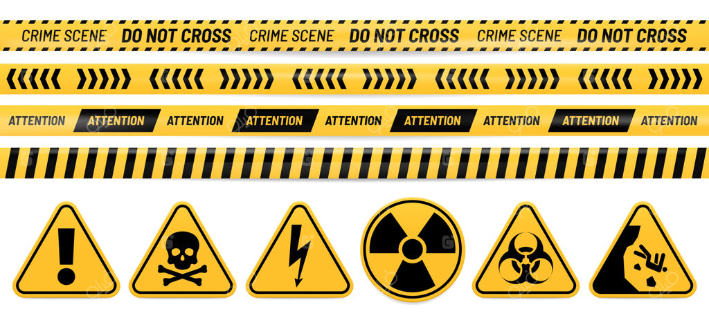 نوار خطر و علائم هشدار: توجه، سم، ولتاژ بالا، تشعشع، خطر زیستی و هشدار سقوط.