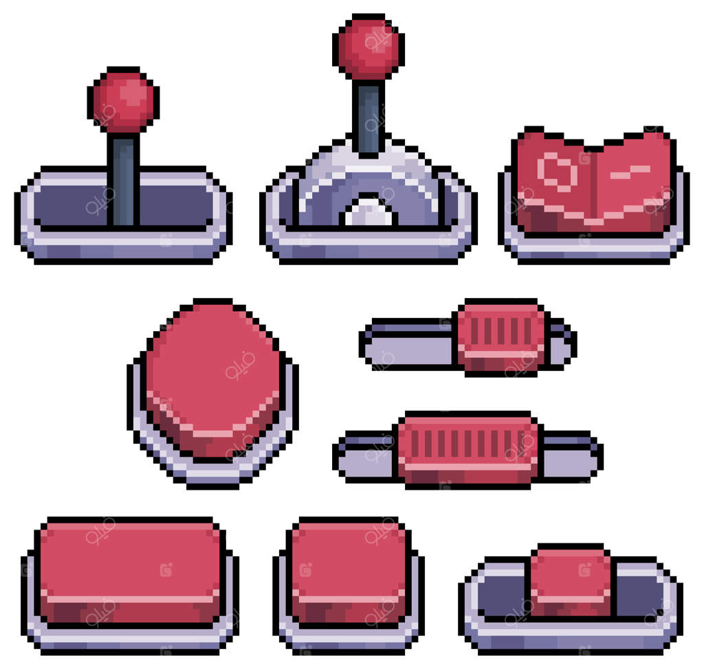 نمادهای وکتور دکمه‌ها، اهرم‌ها، کلیدها و تنظیم‌کننده‌های پیکسل‌آرت برای بازی ۸بیتی در پس‌زمینه سفید