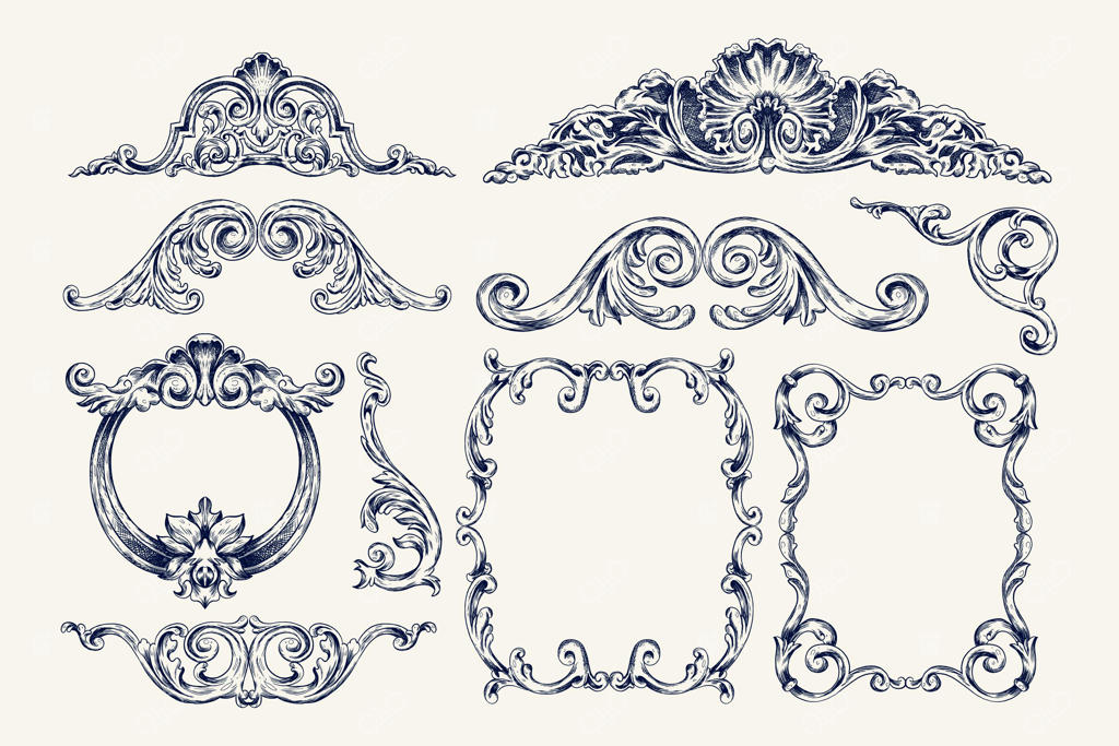 مجموعه‌ای از طرح‌های تزئینی دست‌ساز حکاکی شده