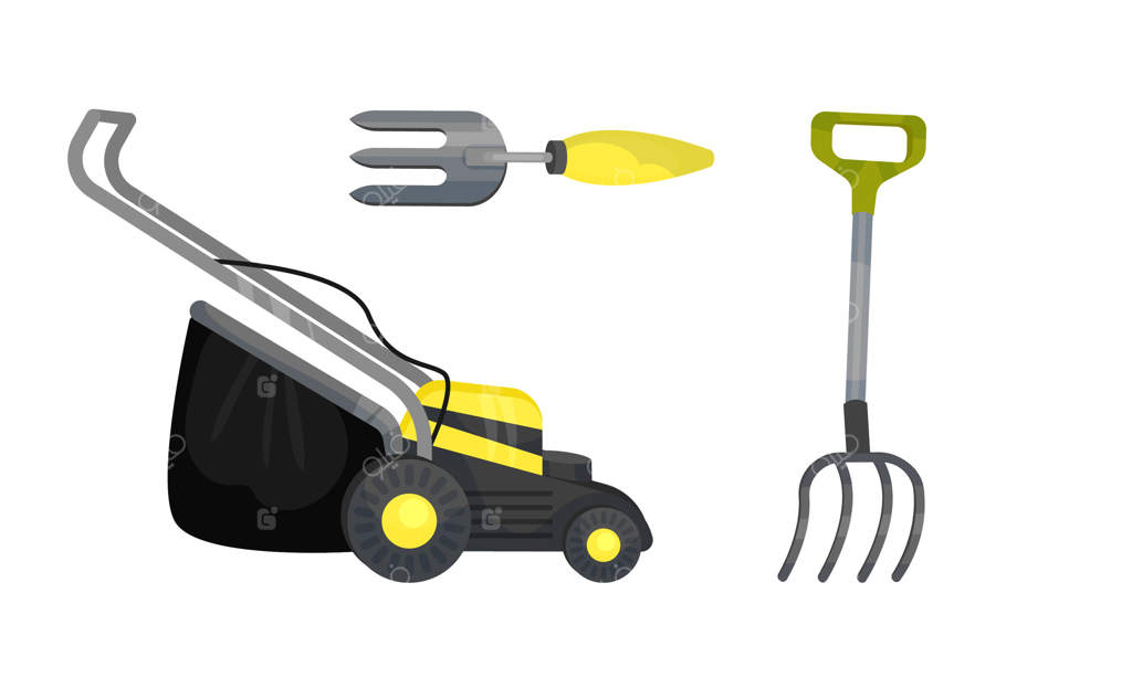 مجموعه ابزارها و تجهیزات باغ: چمن‌زن و چنگک