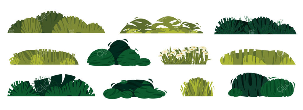 بوته‌های سبز: مجموعه‌ای از بوته‌ها و شاخ و برگ‌های کارتونی برای فصل بهار و تابستان، گل‌ها و گیاهان دکوراتیو در باغ‌ها و فضای سبز. مجموعه‌ای از گیاهان و درختچه‌های مجزا.