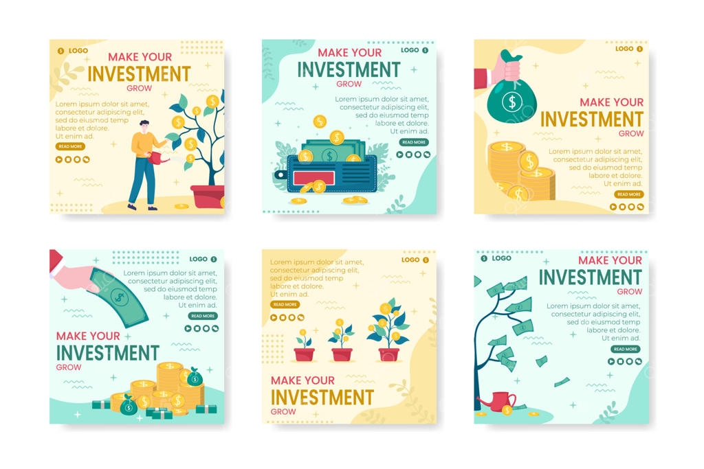 الگوی پست سرمایه‌گذاری کسب‌وکار: طراحی مسطح و قابل ویرایش برای پس‌زمینه مربع، مناسب جهت شبکه‌های اجتماعی، کارت تبریک و تبلیغات اینترنتی