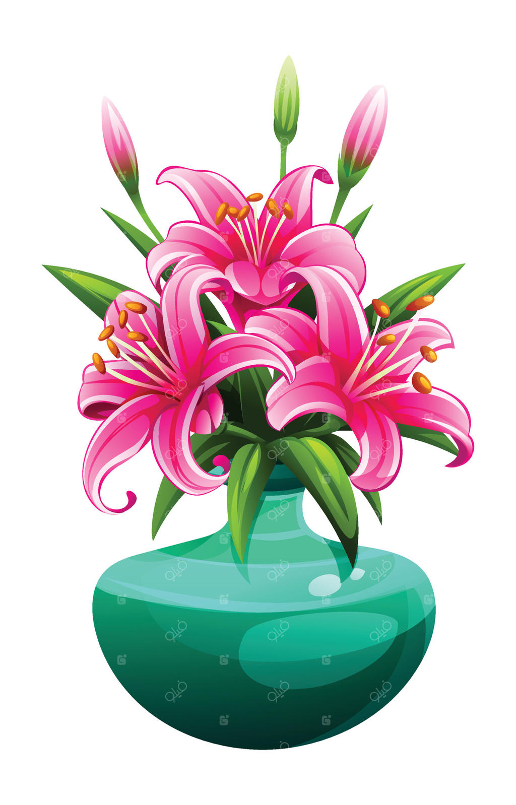 نیلوفرهای صورتی در گلدان فیروزه‌ای با برگ‌ها و شکوفه‌های منحنی. تصویر کارتونی