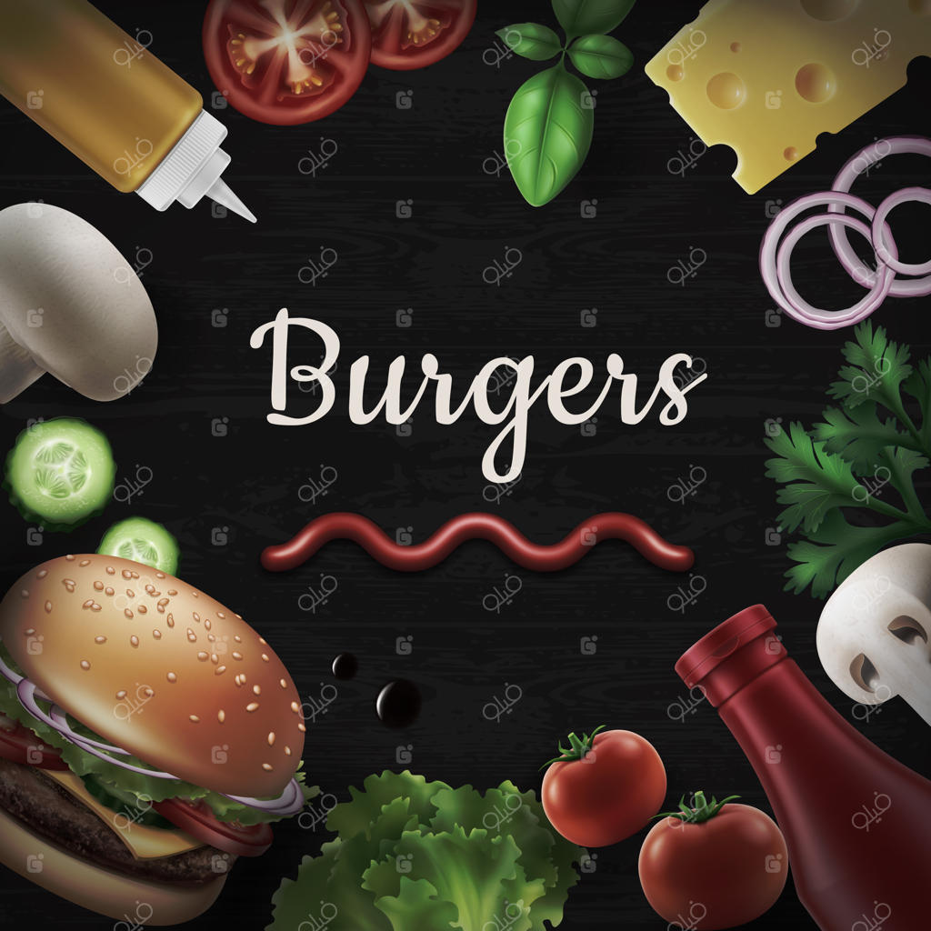 ترکیب خوشمزه: پنیر، گوجه‌فرنگی، خردل، قارچ، خیار، پیاز، کاهو و ریحان برای برگر روی زمینه سیاه.