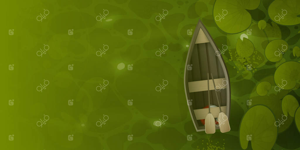 قایق چوبی از میان تالاب و برگ‌های نیلوفر آبی می‌گذرد