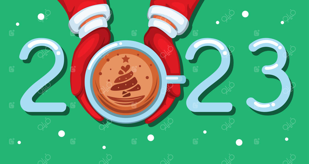 تصویرسازی کارتونی وکتور: درخت کریسمس هنری قهوه لاته در دست بابانوئل، 2023