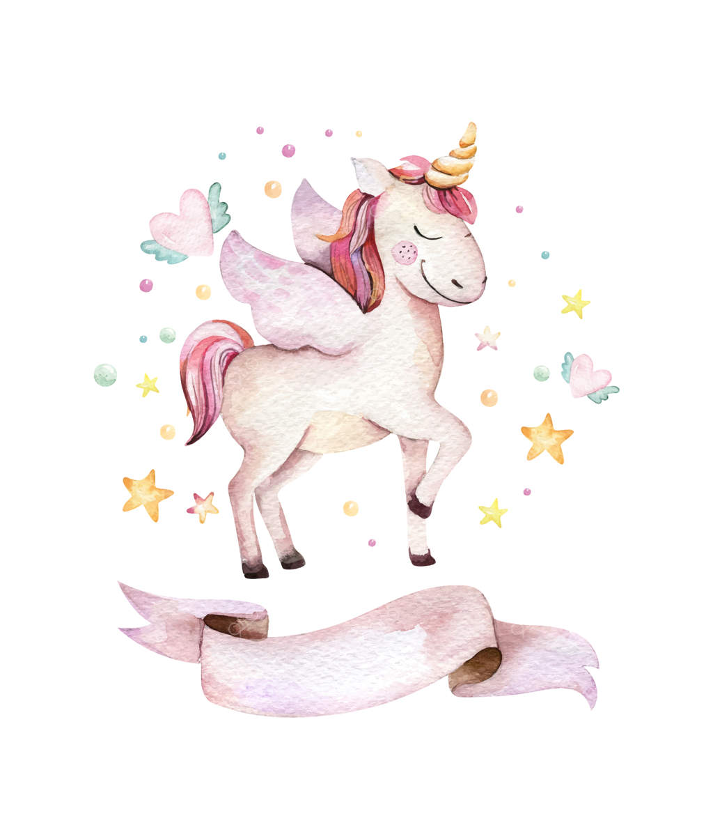 اسب تک‌شاخ افسانه‌ای بامزه برای جشن تولد کودکان - طراحی وکتور آبرنگی