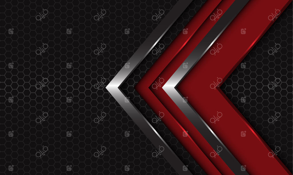 پس‌زمینه مدرن و لوکس: فلش‌های نقره‌ای و قرمز با هم‌پوشانی روی توری شش‌ضلعی خاکستری تیره