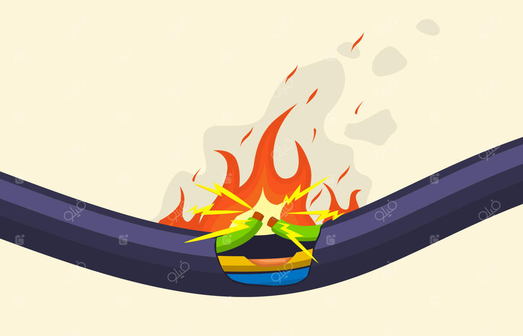 سیم‌های کابل برق در حال سوختن. مجموعه‌ی تصویرسازی وکتور کابل برق آسیب‌دیده در شعله‌های قرمز. سیم‌های کابل‌ برق سوخته