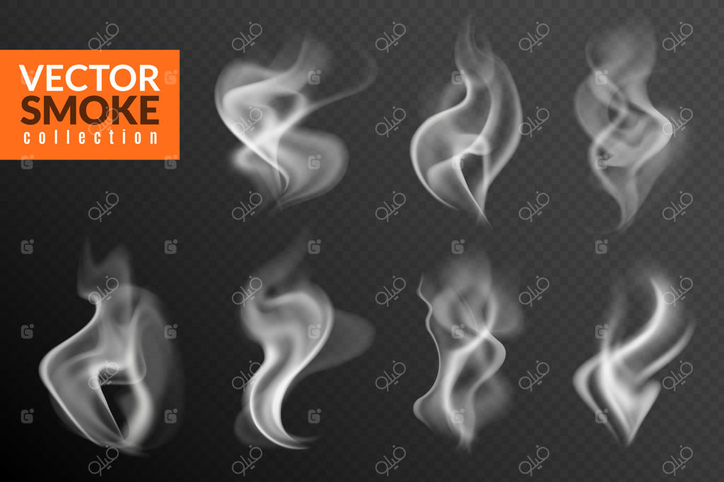 دود جدا شده: بافت دود سفید، بخار غذای داغ، قلیان، چای و قهوه در پس‌زمینه سیاه