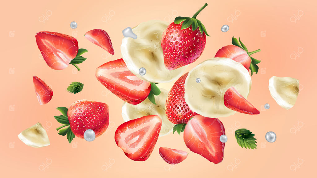 تصویر واقع‌گرایانه از برش‌های موز و توت‌فرنگی در فضا با قطرات آب.