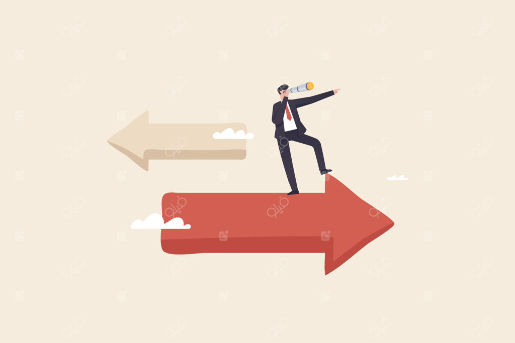 به دنبال فرصت‌ها: چشم‌انداز کسب‌وکار - بازرگانی که با استفاده از تلسکوپ آینده را می‌بیند و بر نوک پیکان رو به بالا ایستاده است