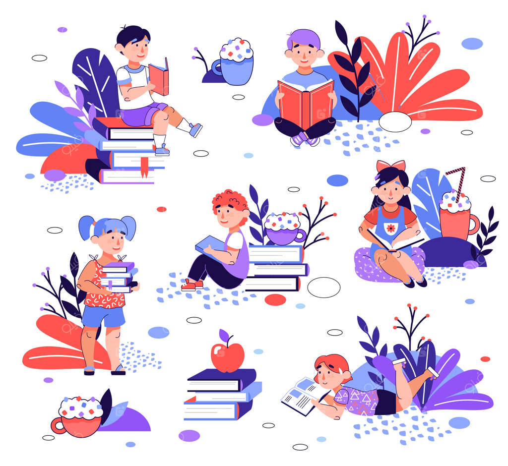 مجموعه‌ای از کودکان کارتونی در حال خواندن کتاب - طرح وکتور مجزا