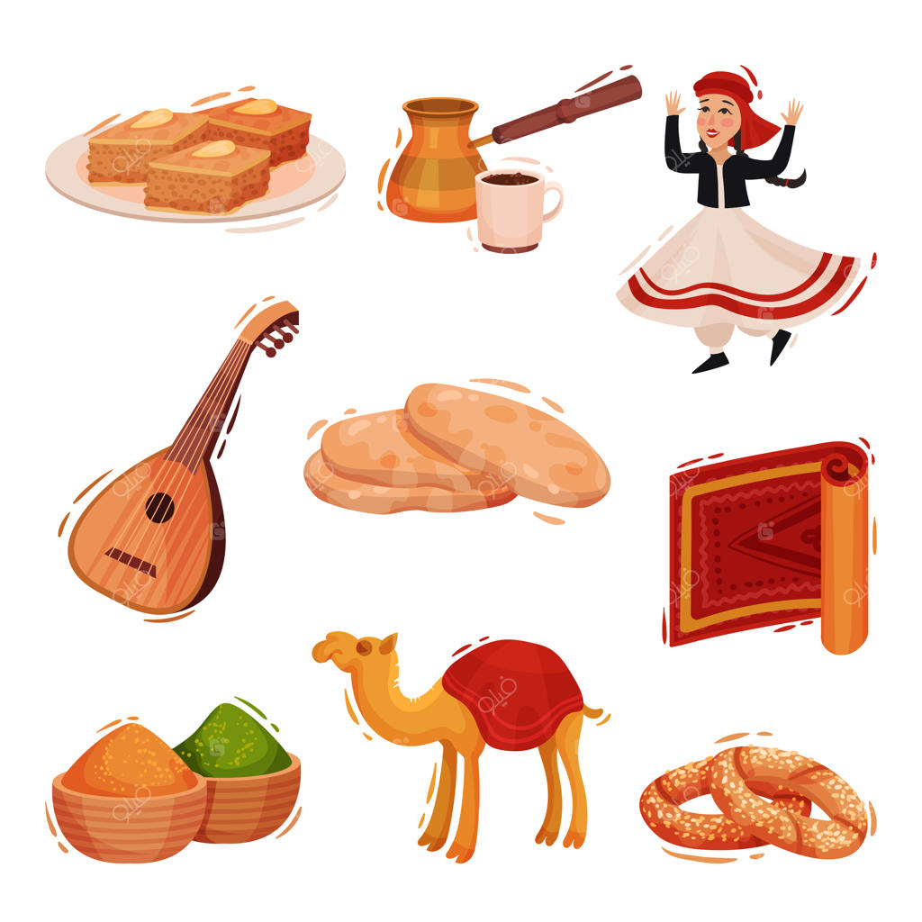 مجموعة‌ای از شخصیت‌های سنتی ترکیه. تصویر در پس‌زمینه سفید.