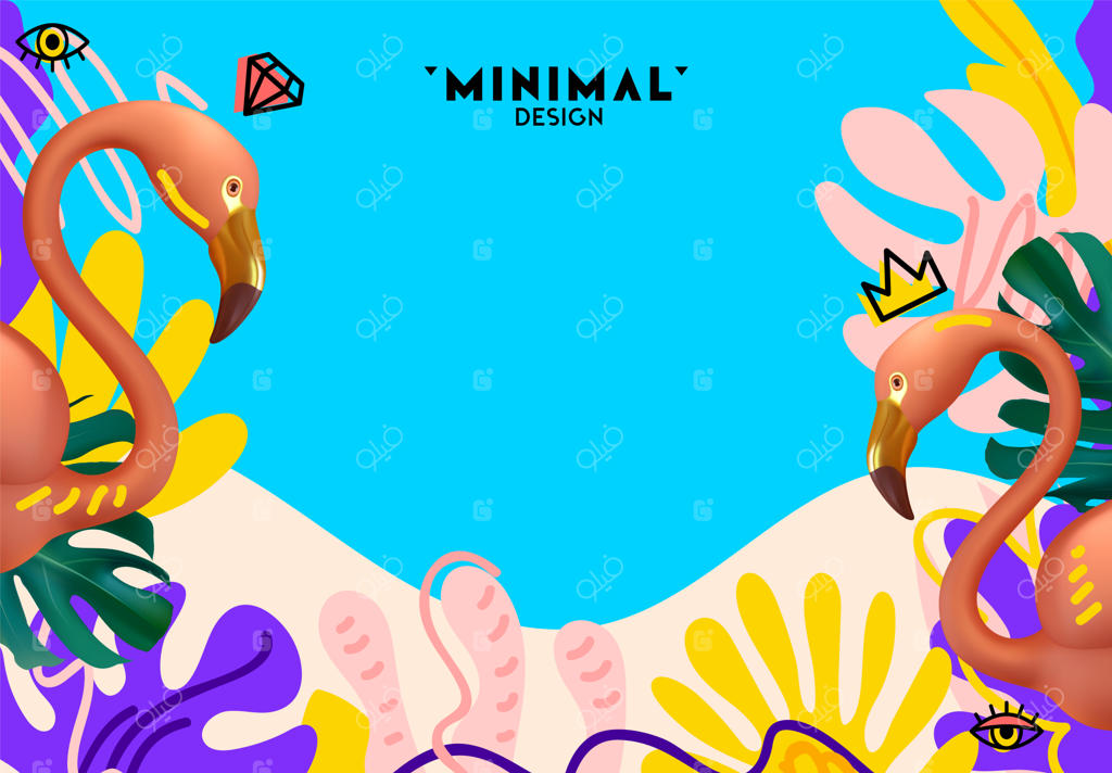 پشت‌زمینه تابستانی با فلامینگو صورتی سه‌بعدی واقعی و برگ‌های نخل سرسبز به سبک دودل. طراحی مینیمال تابستان، پوستر و بنر. فضای برای متن. تصویرسازی وکتور