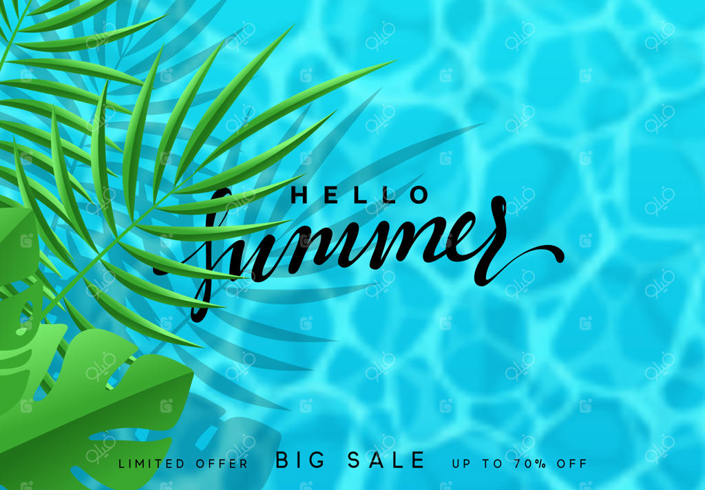 پس‌زمینه تابستانی، دریا با برگ‌های نخل و خطاطی دست‌نویس "سلام تابستان". تصویر وکتوری