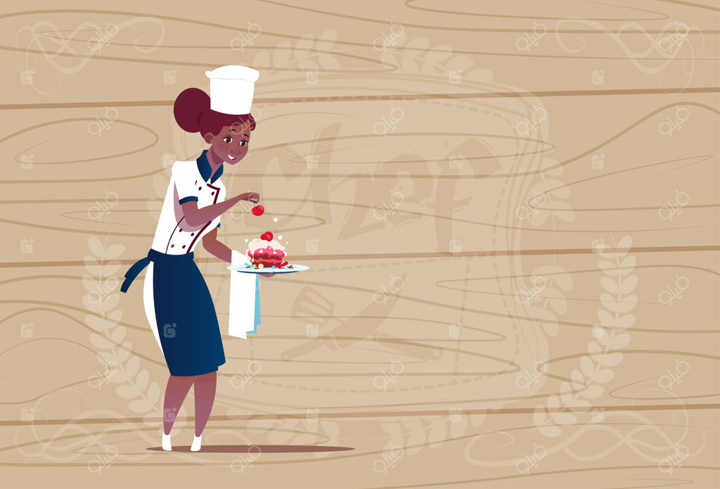 آشپز زن آفریقایی-آمریکایی در حال نگه‌داشتن دسر در لباسی رسمی در برابر پس‌زمینه چوبی