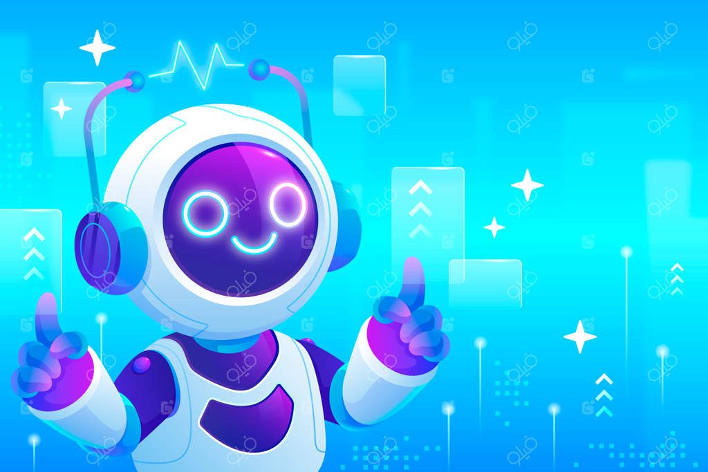 ربات بامزه با هدفون در حال نشان دادن علامت تایید