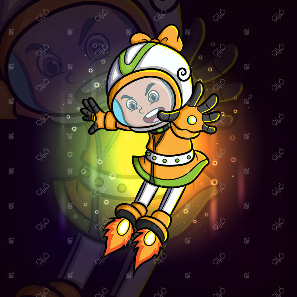 "دختر سایبورگ با قدرت لوگوی نماد ورزش‌های الکترونیکی پرواز و حمله می‌کند"