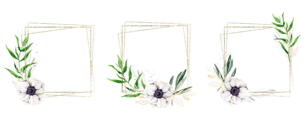 سه قاب طلایی آراسته به عناصر گل آبرنگی و گیاهان طلایی