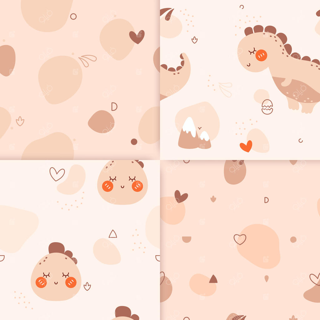 مجموعه‌ای از چهار پترن بی‌وقفه کودکان کاوایی در رنگ‌های بوهمیایی پاستلی و ملایم با نقش دایناسورها، قلب‌ها و لکه‌های رنگی.