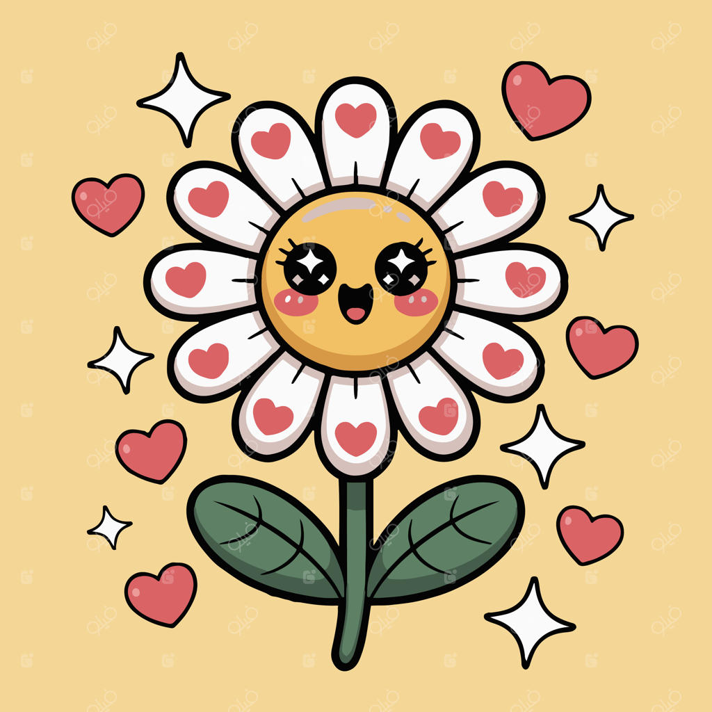 یک گل کارتونی با قلب‌هایی دورش