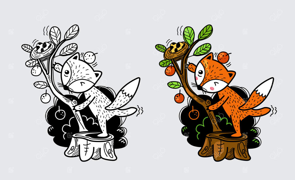 تصویرسازی روباه رنگی و سیاه و سفید برای کتاب رنگ‌آمیزی