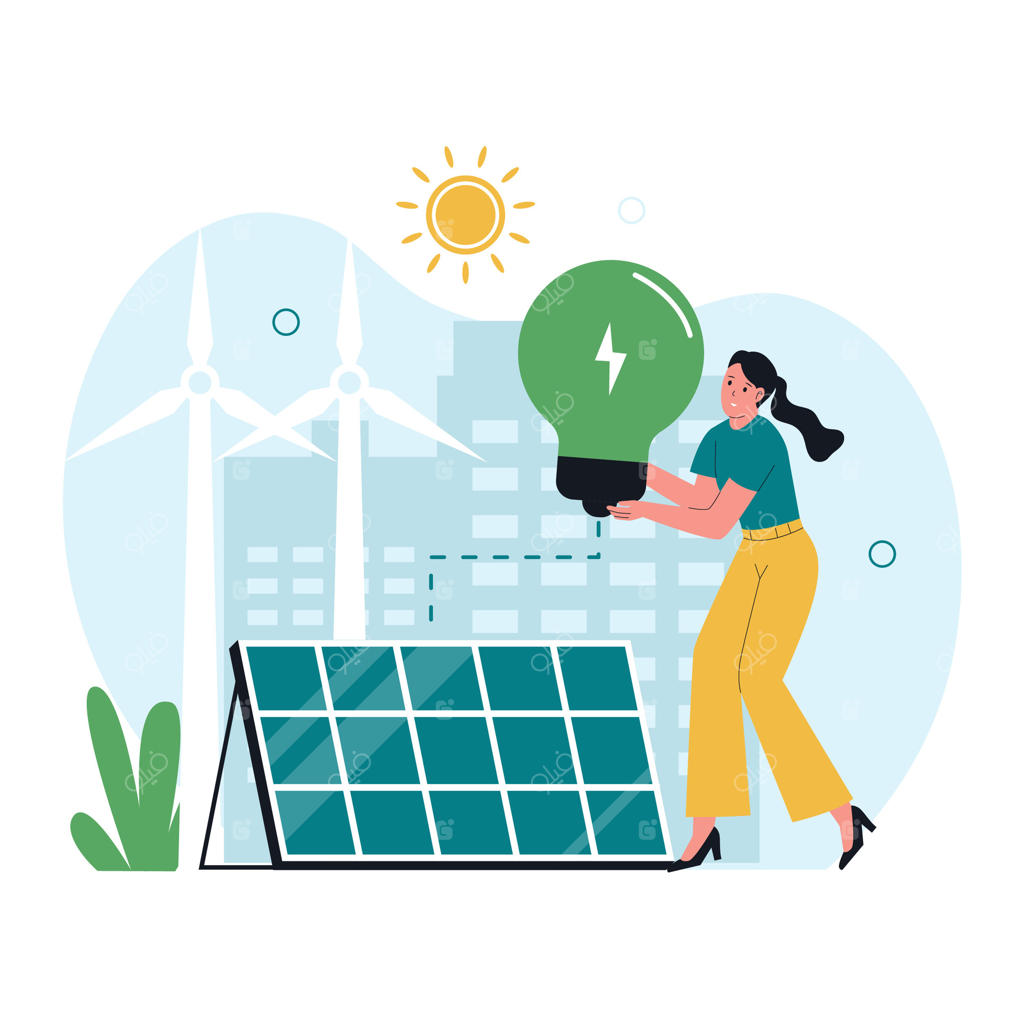 تصویر برق سبز با زنی که لامپ اکو و پنل خورشیدی در دست دارد
