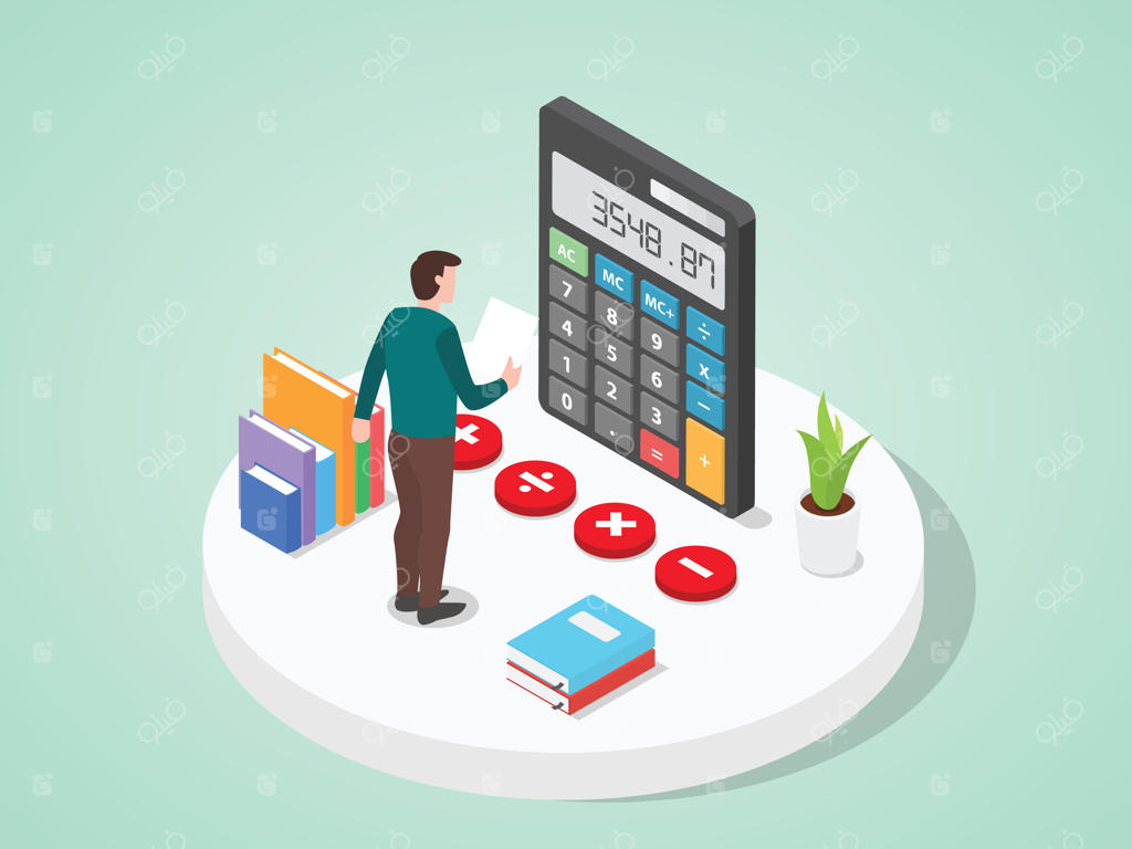 تحلیل سرمایه‌گذاری‌های تجاری توسط مردان با استفاده از ماشین‌حساب به سبک کارتونی.