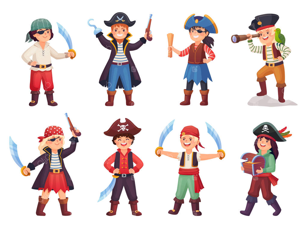 لباس دزدان دریایی کودکانه - لباس کارناوال دزدان دریایی کوچک، شخصیت کارتونی ماجراجویانه، کاپیتان پسر دریا نورد و ملوان دختر راهزن، تصویر برداری جذاب از کارناوال دزدان دریایی