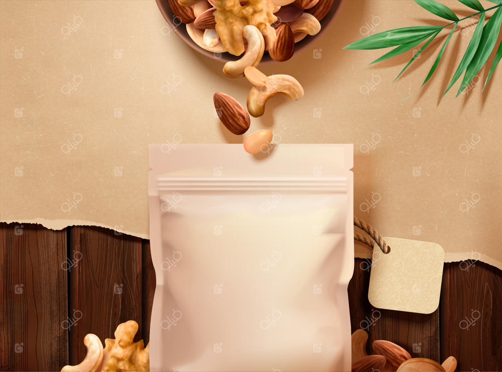 تبلیغات آجیل روی میز چوبی با کاغذ پاره در تصویر سه بعدی، نمای از بالا