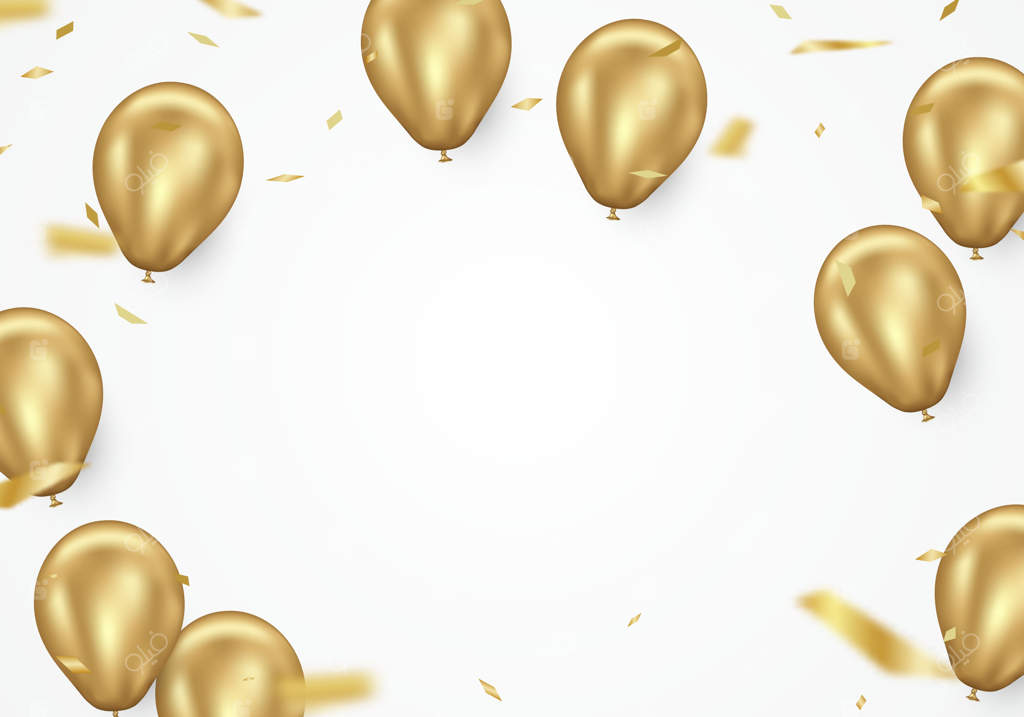 بادکنک طلایی و کاغذپاشی روی زمینه سفید