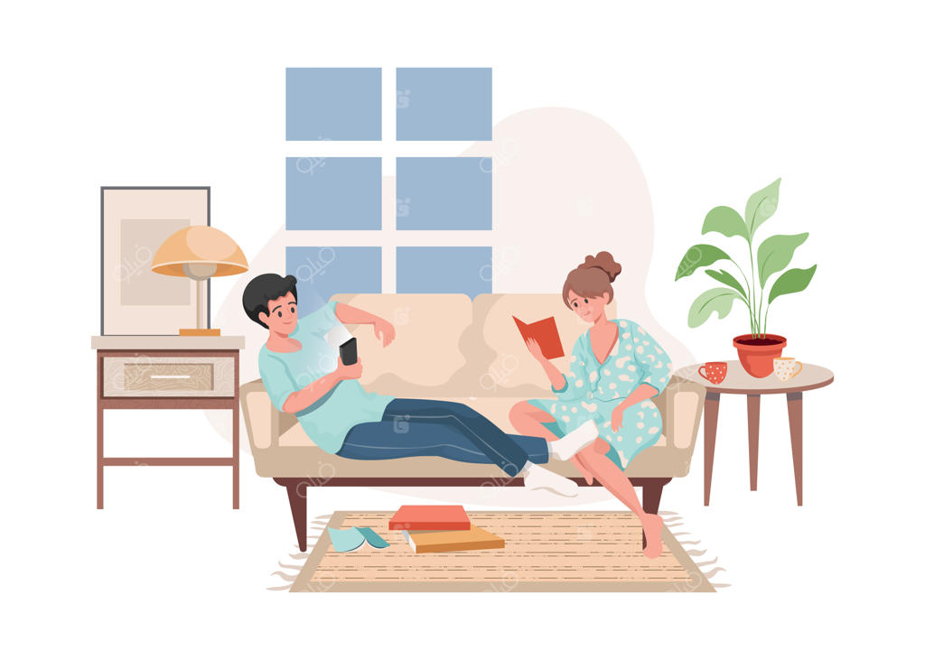 تصویرسازی تخت زن و مرد نشسته روی کاناپه در حال وب‌گردی و خواندن کتاب