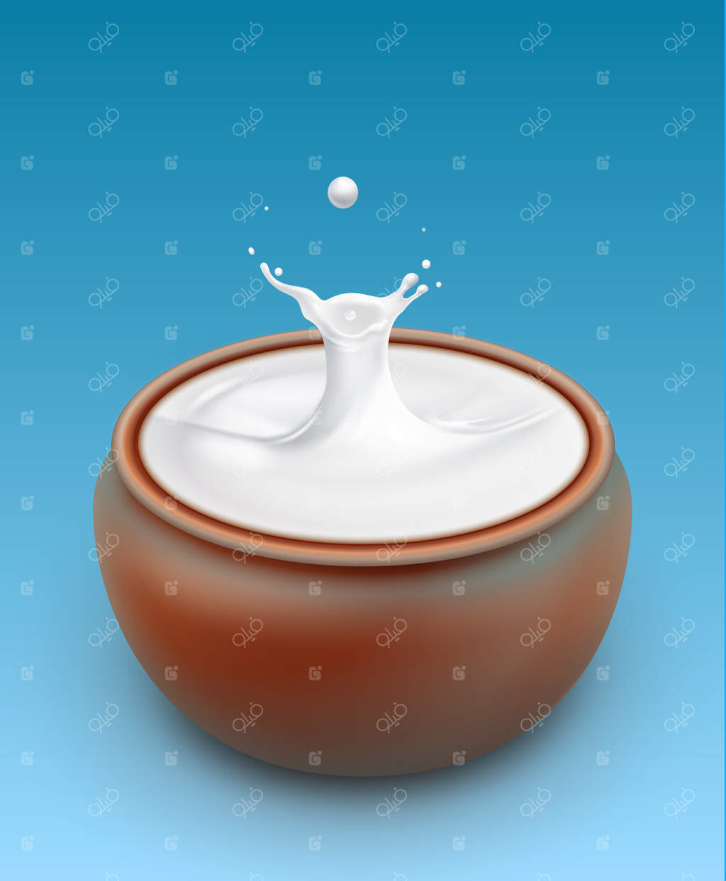 تصویر شیر یا خامه ترش در کوزه سفالی با قطره و پاشش بر روی پس‌زمینه آبی