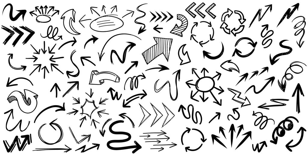 مجموعه‌ای از فلش‌های دستی طراحی شده؛ مجموعه‌ای از فلش‌های ساده بر روی پس‌زمینه سفید.