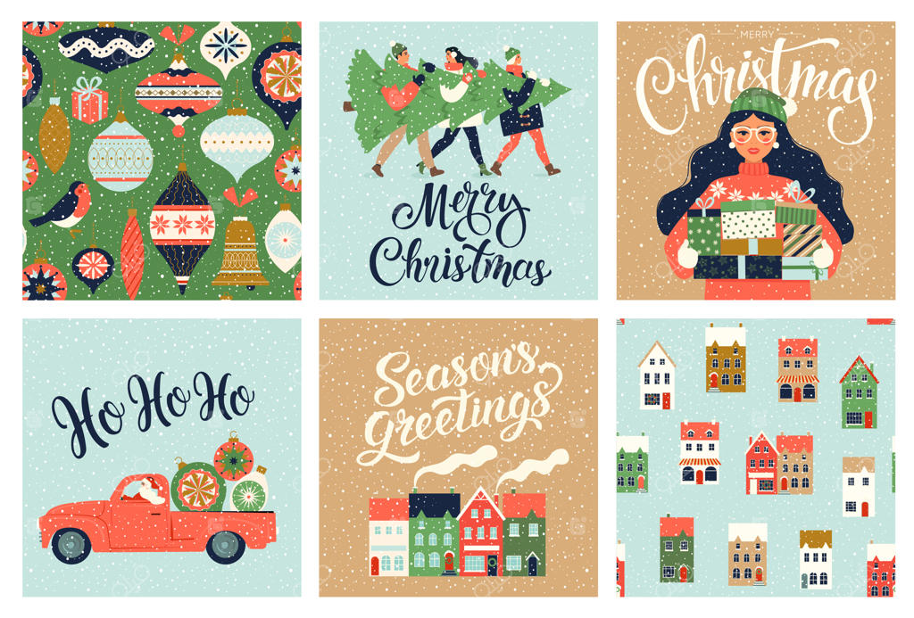 مجموعه قالب‌های کریسمس و سال نو برای تبریکات، دعوت‌نامه‌ها، برچسب‌ها، استیکرها و کارت‌پستال‌ها. پوسترهای کریسمس.