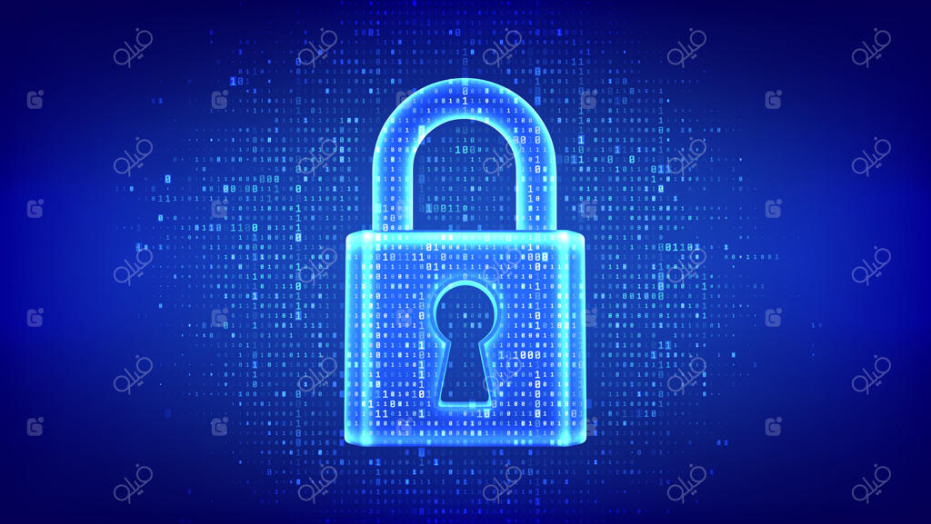 نماد امنیت سایبری: قفل دیجیتال و کد باینری حرفه‌ای وکتور