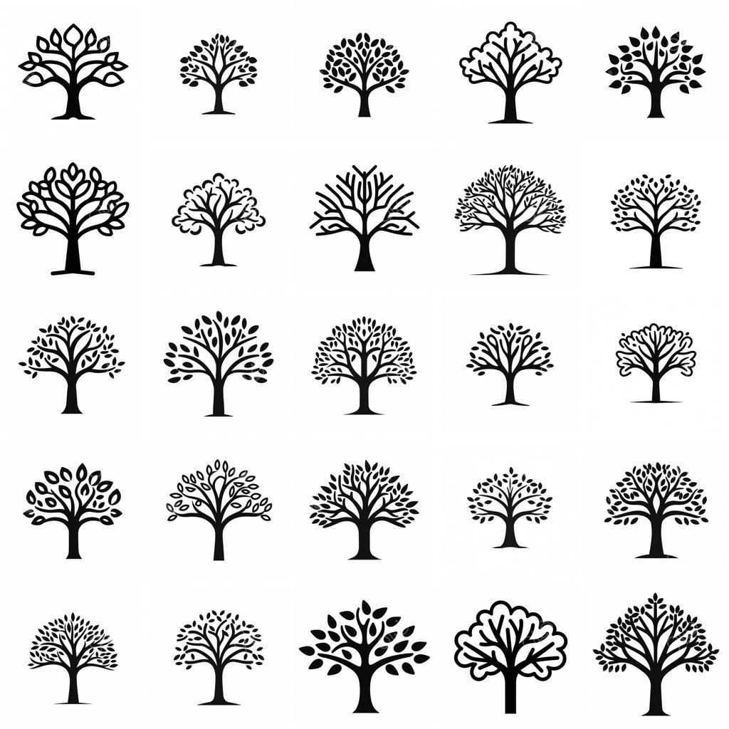مجموعه ۲۵ آیکون خطی سیاه شاخه درختان جنگلی