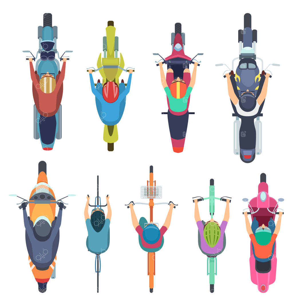 نمای بالا از دوچرخه. دوچرخه‌سواران با کلاه ایمنی، موتور و دوچرخه در ترافیک جاده‌ای