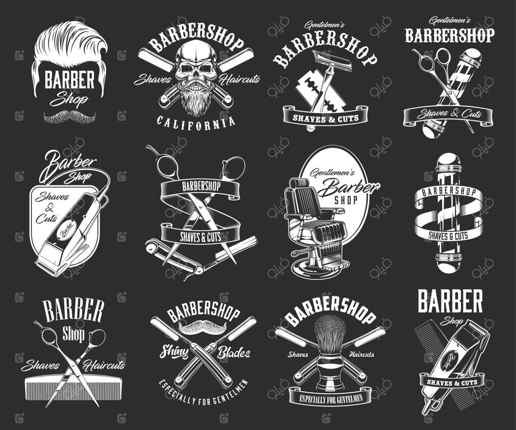 آیکون‌های آرایشگاه و مدل موی مردانه، نشانه‌های ریترو و هیپستری