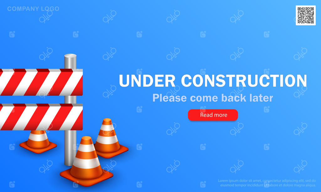 بنر آبی با مخروط‌های ترافیکی، راهبند و متن در دست ساخت، لطفاً بعداً مراجعه کنید