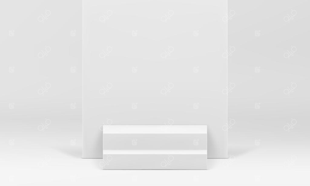 پودیوم پلکانی سه‌بعدی سفید در شو روم مدرن با پس‌زمینه دیوار برای تبلیغات تجاری