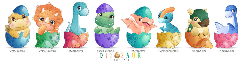دوستان کوچک و بامزه دایناسور نوزاد با تصویرسازی آبرنگی