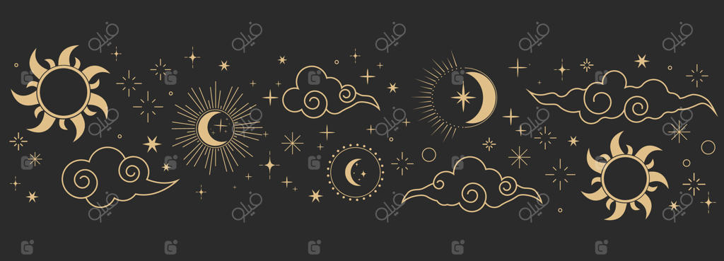 مرز بی‌پایان سماوی، تزئینات معنوی جادوگر با ابرهای آسیایی، ماه، پرتوهای خورشید و ستارگان. الگوی نجومی خطی، پس‌زمینه هندسی ساده.