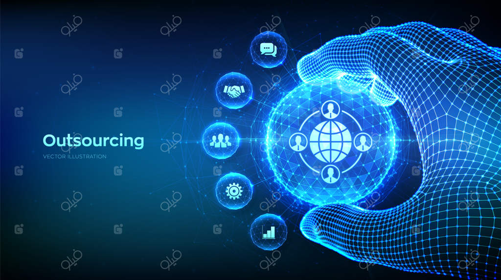 برون‌سپاری و شبکه اجتماعی منابع انسانی و مفهوم جذب نیروی کار جهانی با پس‌زمینه آبی کسب‌وکار استخدام جهانی به شکل کره چندضلعی در دست شبکه‌بندی شده - تصویرسازی وکتور